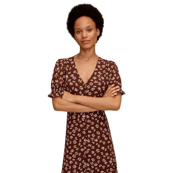 Mango MNG Brown Floral Print Midi Dress 2 Button Front Cottage Dainty Retro - Picture 9 of 9